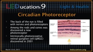 March 5 & 6, 2015
 The back of the eye is filled
with nerves and photoreceptors
 Among the rods and cones was
discovered a new
photoreceptor
 Intrinsically photoreceptive
retinal ganglion cell (ipRGC)
discovered in 2001
 