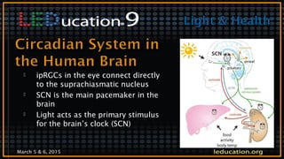 March 5 & 6, 2015
 ipRGCs in the eye connect directly
to the suprachiasmatic nucleus
 SCN is the main pacemaker in the
brain
 Light acts as the primary stimulus
for the brain’s clock (SCN)
 