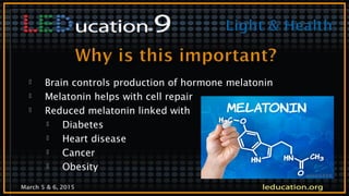 March 5 & 6, 2015
 Brain controls production of hormone melatonin
 Melatonin helps with cell repair
 Reduced melatonin linked with
 Diabetes
 Heart disease
 Cancer
 Obesity
 