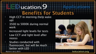 March 5 & 6, 2015
 High CCT in morning (help wake
up)
 3500 to 5000K during normal
work
 Increased light levels for tests
 Low CCT and light level after
recess
 Studies conducted with
fluorescent, but will be much
better with LED
 