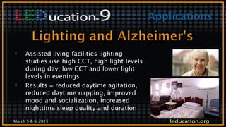 March 5 & 6, 2015
 Assisted living facilities lighting
studies use high CCT, high light levels
during day, low CCT and lower light
levels in evenings
 Results = reduced daytime agitation,
reduced daytime napping, improved
mood and socialization, increased
nighttime sleep quality and duration
 