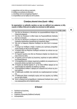 ΙΣΤΟΡΙΑ ΤΟΥ ΜΕΣΑΙΩΝΙΚΟΥ & ΝΕΟΤΕΡΟΥ ΚΟΣΜΟΥ | κεφάλαιο 6ο
: τράπεζα θεμάτων
6
α. αφορίστηκε από τον πάπα ως αιρετικός.
β. κλήθηκε για απολογία στο Βατικανό.
γ. επαινέθηκε από τον αυτοκράτορα Κάρολο Ε΄.
δ. επικροτήθηκε για την πράξη του από τη Δίαιτα.
Γ] Ασκήσεις κλειστού τύπου (Σωστό – Λάθος)
Να χαρακτηρίσετε τις ακόλουθες προτάσεις ως προς την ορθότητά τους γράφοντας τη λέξη
«σωστό» ή «λάθος» δίπλα από τον αριθμό που αντιστοιχεί σε κάθε πρόταση.
Σ Λ
1 Στα τέλη του Μεσαίωνα η πλειονότητα του ρωμαιοκαθολικού κλήρου είχε
εξαιρετική μόρφωση.
2 Στα τέλη του Μεσαίωνα το ηθικό κύρος της Ρωμαιοκαθολικής Εκκλησίας
άρχισε να υποχωρεί.
3 Στα τέλη του Μεσαίωνα η αντίδραση στις αδυναμίες της Ρωμαιοκαθολικής
Εκκλησίας εκδηλωνόταν περισσότερο στις γερμανικές χώρες.
4 Μία από τις διαφωνίες Μαρτίνου Λούθηρου και πάπα ήταν τα συγχωρο-
χάρτια.
5 Το κίνημα του Λούθηρου υπήρξε ο πυρήνας μιας ευρύτερης μεταρρυθμι-
στικής έκρηξης σε όλη τη Δυτική Ευρώπη.
6 Η διαμάχη πάπα και Μαρτίνου Λούθηρου απειλούσε την ενότητα των γερ-
μανικών χωρών.
7 Οι Γερμανοί ηγεμόνες στα τέλη του Μεσαίωνα στήριζαν την εξουσία τους
στην εύνοια του πάπα.
8 Η Γερμανία, μετά την Ειρήνη της Αυγούστας, χωρίστηκε σε κράτη καθολικά
και διαμαρτυρόμενα.
9 Η Μεταρρύθμιση δεν επέφερε σημαντικές μεταβολές στη νοοτροπία και τις
κοινωνικές σχέσεις των λαών της Δ. Ευρώπης.
10 Η διαμάχη του βασιλιά Ερρίκου Η ́ με τον πάπα στάθηκε αφορμή για την
οριστική ρήξη της εκκλησίας της Αγγλίας με τη Ρώμη.
11 Η Μεταρρύθμιση στάθηκε η αφορμή για τη θρησκευτική ενότητα της Δυτι-
κής Ευρώπης.
12 Ο Καλβινισμός συνέβαλε στην ανάπτυξη του κεφαλαιοκρατικού συστήμα-
τος.
13 Ο Καλβινισμός βρήκε υποστήριξη κυρίως από τους ηγεμόνες της Γαλλίας
και των Κάτω Χωρών.
14 Μετά τη θρησκευτική μεταρρύθμιση η Αγγλικανική Εκκλησία ήταν η μόνη
που αναγνωριζόταν από το Αγγλικό κράτος.
Δ] Ορισμοί
 Ομολογία της Αυγούστας,
 προτεστάντες,
 Συμβούλιο Λογοκρισίας (Καθολική Εκκλησία)
 συγχωροχάρτια
 