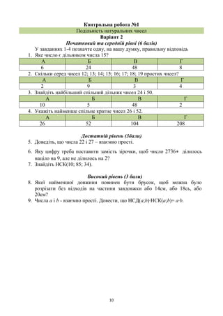 10
Контрольна робота №1
Подільність натуральних чисел
Варіант 2
Початковий та середній рівні (6 балів)
У завданнях 1-4 позначте одну, на вашу думку, правильну відповідь
1. Яке число є дільником числа 15?
А Б В Г
6 24 48 8
2. Скільки серед чисел 12; 13; 14; 15; 16; 17; 18; 19 простих чисел?
А Б В Г
2 9 3 4
3. Знайдіть найбільший спільний дільник чисел 24 і 50.
А Б В Г
10 5 48 2
4. Укажіть найменше спільне кратне чисел 26 і 52.
А Б В Г
26 52 104 208
Достатній рівень (3бали)
5. Доведіть, що числа 22 і 27 – взаємно прості.
6. Яку цифру треба поставити замість зірочки, щоб число 2736* ділилось
націло на 9, але не ділилось на 2?
7. Знайдіть НСК(10; 85; 34).
Високий рівень (3 бали)
8. Якої найменшої довжини повинен бути брусок, щоб можна було
розрізати без відходів на частини завдовжки або 14см, або 18сь, або
20см?
9. Числа а і b - взаємно прості. Довести, що НСД(а;b)∙НСК(а;b)= а∙b.
 