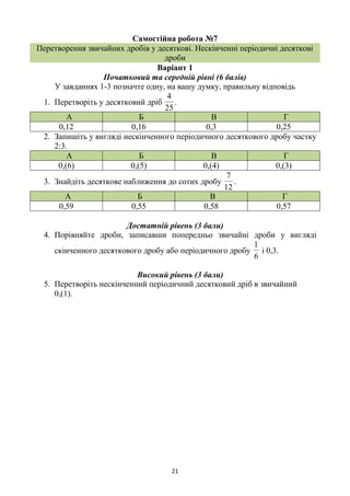 21
Самостійна робота №7
Перетворення звичайних дробів у десяткові. Нескінченні періодичні десяткові
дроби
Варіант 1
Початковий та середній рівні (6 балів)
У завданнях 1-3 позначте одну, на вашу думку, правильну відповідь
1. Перетворіть у десятковий дріб
25
4
.
А Б В Г
0,12 0,16 0,3 0,25
2. Запишіть у вигляді нескінченного періодичного десяткового дробу частку
2:3.
А Б В Г
0,(6) 0,(5) 0,(4) 0,(3)
3. Знайдіть десяткове наближення до сотих дробу
12
7
.
А Б В Г
0,59 0,55 0,58 0,57
Достатній рівень (3 бали)
4. Порівняйте дроби, записавши попередньо звичайні дроби у вигляді
скінченного десяткового дробу або періодичного дробу
6
1
і 0,3.
Високий рівень (3 бали)
5. Перетворіть нескінченний періодичний десятковий дріб в звичайний
0,(1).
 
