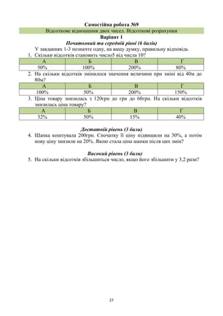 27
Самостійна робота №9
Відсоткове відношення двох чисел. Відсоткові розрахунки
Варіант 1
Початковий та середній рівні (6 балів)
У завданнях 1-3 позначте одну, на вашу думку, правильну відповідь
1. Скільки відсотків становить число5 від числа 10?
А Б В Г
50% 100% 200% 80%
2. На скільки відсотків змінилося значення величини при зміні від 40м до
80м?
А Б В Г
100% 50% 200% 150%
3. Ціна товару знизилась з 120грн до грн до 60грн. На скільки відсотків
знизилась ціна товару?
А Б В Г
32% 50% 15% 40%
Достатній рівень (3 бали)
4. Шапка коштувала 200грн. Спочатку її ціну підвищили на 30%, а потім
нову ціну знизили на 20%. Якою стала ціна шапки після цих змін?
Високий рівень (3 бали)
5. На скільки відсотків збільшиться число, якщо його збільшити у 3,2 рази?
 