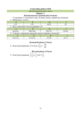 53
Самостійна робота №18
Ділення раціональних чисел
Варіант 1
Початковий та середній рівні (6 балів)
У завданнях 1-3 позначте одну, на вашу думку, правильну відповідь
1. Обчислити: -2,5:0,1.
А Б В Г
-2,5 -25 -0,25 25
2. Яка з наведених часток дорівнює -6?
А Б В Г
3,6:(-6) 96:(-16) 42:(-7) 0:(-6)
3. У якому з наведених випадків частка дорівнює діленому?
А Б В Г
-5,1:(-1) 5,1:(-1) -5,1:0 -5,1:1
Достатній рівень (3 бали)
4. Розв’язати рівняння: 5,7х-4,5х-
3
1
2 х= -
45
34
.
Високий рівень (3 бали)
5. Розв’язати рівняння:
3
2
(
3
1
х-
2
1
)-4х=
2
1
2 .
 