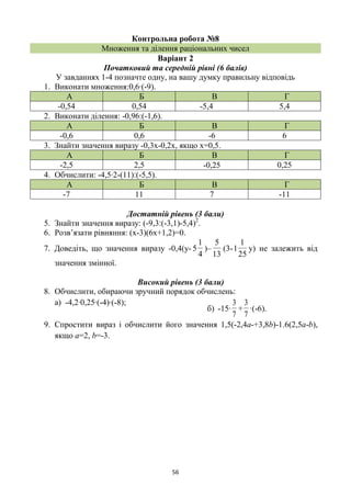 56
Контрольна робота №8
Множення та ділення раціональних чисел
Варіант 2
Початковий та середній рівні (6 балів)
У завданнях 1-4 позначте одну, на вашу думку правильну відповідь
1. Виконати множення:0,6∙(-9).
А Б В Г
-0,54 0,54 -5,4 5,4
2. Виконати ділення: -0,96:(-1,6).
А Б В Г
-0,6 0,6 -6 6
3. Знайти значення виразу -0,3х-0,2х, якщо х=0,5.
А Б В Г
-2,5 2,5 -0,25 0,25
4. Обчислити: -4,5∙2-(11)‫.)5,5-(׃‬
А Б В Г
-7 11 7 -11
Достатній рівень (3 бали)
5. Знайти значення виразу: (-9,3‫)4,5-)1,3-(׃‬2
.
6. Розв’язати рівняння: (х-3)(6х+1,2)=0.
7. Доведіть, що значення виразу -0,4(у-
4
1
5 )–
13
5
(3-
25
1
1 у) не залежить від
значення змінної.
Високий рівень (3 бали)
8. Обчислити, обираючи зручний порядок обчислень:
а) -4,2∙0,25∙(-4)∙(-8);
б) -15∙
7
3
+
7
3
∙(-6).
9. Спростити вираз і обчислити його значення 1,5(-2,4а-+3,8b)-1.6(2,5a-b),
якщо a=2, b=-3.
 