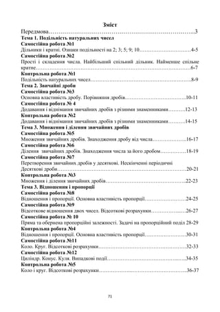 71
Зміст
Передмова………………………………………………………………...3
Тема 1. Подільність натуральних чисел
Самостійна робота №1
Дільники і кратні. Ознаки подільності на 2; 3; 5; 9; 10…………………………4-5
Самостійна робота №2
Прості і складення числа. Найбільший спільний дільник. Найменше спільне
кратне………………………………………………………………………………6-7
Контрольна робота №1
Подільність натуральних чисел…………………………………………………..8-9
Тема 2. Звичайні дроби
Самостійна робота №3
Основна властивість дробу. Порівняння дробів.……………………………..10-11
Самостійна робота № 4
Додавання і віднімання звичайних дробів з різними знаменниками……….12-13
Контрольна робота №2
Додавання і віднімання звичайних дробів з різними знаменниками……….14-15
Тема 3. Множення і ділення звичайних дробів
Самостійна робота №5
Множення звичайних дробів. Знаходження дробу від числа………………..16-17
Самостійна робота №6
Ділення звичайних дробів. Знаходження числа за його дробом……………18-19
Самостійна робота №7
Перетворення звичайних дробів у десяткові. Нескінченні періодичні
Десяткові дроби…………………………………………………………………20-21
Контрольна робота №3
Множення і ділення звичайних дробів………………………………………..22-23
Тема 3. Відношення і пропорції
Самостійна робота №8
Відношення і пропорції. Основна властивість пропорції……………………24-25
Самостійна робота №9
Відсоткове відношення двох чисел. Відсоткові розрахунки……………...…26-27
Самостійна робота № 10
Пряма та обернена пропорційні залежності. Задачі на пропорційний поділ 28-29
Контрольна робота №4
Відношення і пропорції. Основна властивість пропорції……………………30-31
Самостійна робота №11
Коло. Круг. Відсоткові розрахунки……………………………………………32-33
Самостійна робота №12
Циліндр. Конус. Куля. Випадкові події…………………………………...…..34-35
Контрольна робота №5
Коло і круг. Відсоткові розрахунки………………..…………………………..36-37
 
