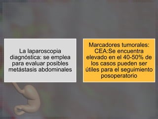La laparoscopia
diagnóstica: se emplea
para evaluar posibles
metástasis abdominales
Marcadores tumorales:
CEA:Se encuentra
elevado en el 40-50% de
los casos pueden ser
útiles para el seguimiento
posoperatorio
 