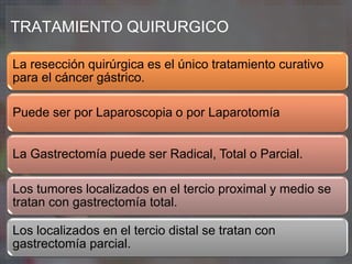TRATAMIENTO QUIRURGICO
La resección quirúrgica es el único tratamiento curativo
para el cáncer gástrico.
Puede ser por Laparoscopia o por Laparotomía
La Gastrectomía puede ser Radical, Total o Parcial.
Los tumores localizados en el tercio proximal y medio se
tratan con gastrectomía total.
Los localizados en el tercio distal se tratan con
gastrectomía parcial.
 
