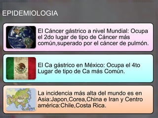 EPIDEMIOLOGIA
El Cáncer gástrico a nivel Mundial: Ocupa
el 2do lugar de tipo de Cáncer más
común,superado por el cáncer de pulmón.
El Ca gástrico en México: Ocupa el 4to
Lugar de tipo de Ca más Común.
La incidencia más alta del mundo es en
Asia:Japon,Corea,China e Iran y Centro
américa:Chile,Costa Rica.
 