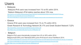 42
© 2014 Cisco and/or its affiliates. All rights reserved. Cisco Public
•  Malaysia
Malaysia IPv6 users was increased from 1% to 6% within 2014.
Telekom Malaysia’s IPv6 statics reaches about 13% now.
https://www.tm.com.my/AboutTM/NewsRelease/Pages/TMPROACTIVEINGEARINGUPMALAYSIAFORIPv6ADOPTION.aspx
http://6lab.cisco.com/stats/cible.php?country=MY&option=all
http://www.worldipv6launch.org/going-global-networks-from-malaysia-norway-ecuador-and-switzerland-join-the-ipv6-launch/
•  Greece
Greece IPv6 users was increased from 1% to 7% within 2014.
Greek Research & Technology Network 26.17% and Greek Student Network 7.22%
http://www.6diss.org/workshops/ipv6td/liakopoulos-diodos.pdf
http://6lab.cisco.com/stats/cible.php?country=GR&option=all
•  Belgium
Belgium IPv6 users dramatically increase from 4% to 30% within 2014.
Belgacom(20.59%) and Telenet(52.69%) joins IPv6 launch since Feb/March 2014.
http://www.worldipv6launch.org/march-2014-ipv6-measurements-now-with-deployment-trend-graphs-for-the-top-10-networks/
http://www.worldipv6launch.org/monthly-ipv6-measurements-belgiums-telenet-joins-the-ipv6-club/
http://6lab.cisco.com/stats/cible.php?country=BE&option=all
Users
 