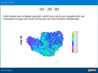 Riccardo Rigon
!2
I dati hanno uno sviluppo spaziale: anch’esso con la sua complessità: qui
contenuto d’acqua del suolo nel bacino di Little Washita (Oklahoma)
Alcuni Casi Tipici
1D - 2D -3D
 