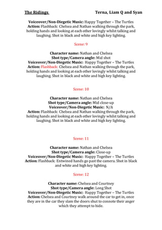 The Ridings Terna, Liam Q and Syan
Voiceover/Non-Diegetic Music: Happy Together – The Turtles
Action: Flashback: Chelsea and Nathan walking through the park,
holding hands and looking at each other lovingly whilst talking and
laughing. Shot in black and white and high key lighting.
Scene: 9
Character name: Nathan and Chelsea
Shot type/Camera angle: Mid shot
Voiceover/Non-Diegetic Music: Happy Together – The Turtles
Action: Flashback: Chelsea and Nathan walking through the park,
holding hands and looking at each other lovingly whilst talking and
laughing. Shot in black and white and high key lighting.
Scene: 10
Character name: Nathan and Chelsea
Shot type/Camera angle: Mid close-up
Voiceover/Non-Diegetic Music: N/A
Action: Flashback: Chelsea and Nathan walking through the park,
holding hands and looking at each other lovingly whilst talking and
laughing. Shot in black and white and high key lighting.
Scene: 11
Character name: Nathan and Chelsea
Shot type/Camera angle: Close-up
Voiceover/Non-Diegetic Music: Happy Together – The Turtles
Action: Flashback: Entwined hands go past the camera. Shot in black
and white and high key lighting.
Scene: 12
Character name: Chelsea and Courtney
Shot type/Camera angle: Long Shot
Voiceover/Non-Diegetic Music: Happy Together – The Turtles
Action: Chelsea and Courtney walk around the car to get in, once
they are in the car they slam the doors shut to connote their anger
which they attempt to hide.
 