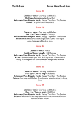 The Ridings Terna, Liam Q and Syan
Scene 23
Character name: Courtney and Chelsea
Shot type/Camera angle: Long Shot
Voiceover/Non-Diegetic Music: Happy Together – The Turtles
Action: Car pulls up at Graveyard
Scene 24
Character name: Courtney and Chelsea
Shot type/Camera angle: Close up
Voiceover/Non-Diegetic Music: Happy Together – The Turtles
Action: Shot of the car doors being slammed, this once again
connotes anger of the two girls.
Scene 25
Character name: Nathan
Shot type/Camera angle: Mid Close up
Voiceover/Non-Diegetic Music: Happy Together – The Turtles
Action: Shot of the two girls’ feet walking either side of the car,
slowly. Wearing red flat heels connotes danger and murder.
Scene 26
Character name: Courtney and Chelsea
Shot type/Camera angle: Mid shot
Voiceover/Non-Diegetic Music: Happy Together – The Turtles
Action: Courtney and Chelsea dragging and scraping shovels along
floor.
Scene 27
Character name: Courtney and Chelsea
Shot type/Camera angle: Mid Shot
Voiceover/Non-Diegetic Music: Happy Together – The Turtles
Action: Chelsea and Courtney open the boot with the spades and
shovels in their hands.
 