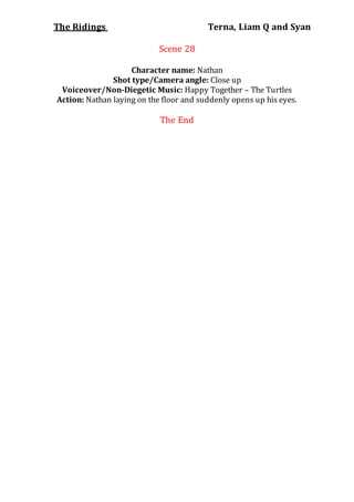 The Ridings Terna, Liam Q and Syan
Scene 28
Character name: Nathan
Shot type/Camera angle: Close up
Voiceover/Non-Diegetic Music: Happy Together – The Turtles
Action: Nathan laying on the floor and suddenly opens up his eyes.
The End
 