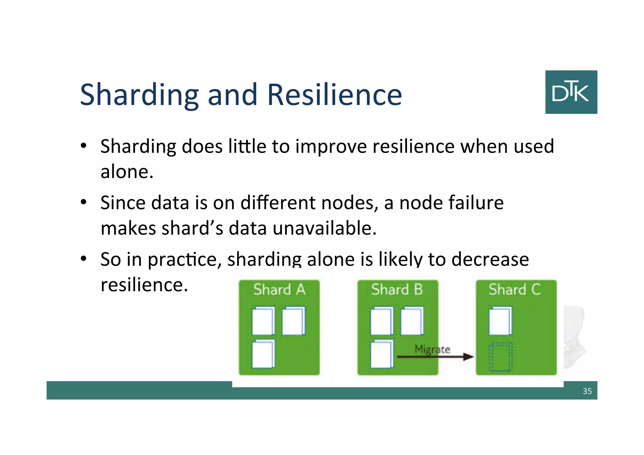 Sharding and Resilience
• Sharding does little to improve resilience when used
alone.
• Since data is on different nodes, a node failure
makes shard’s data unavailable.
• So in practice, sharding alone is likely to decrease
resilience.
36
 