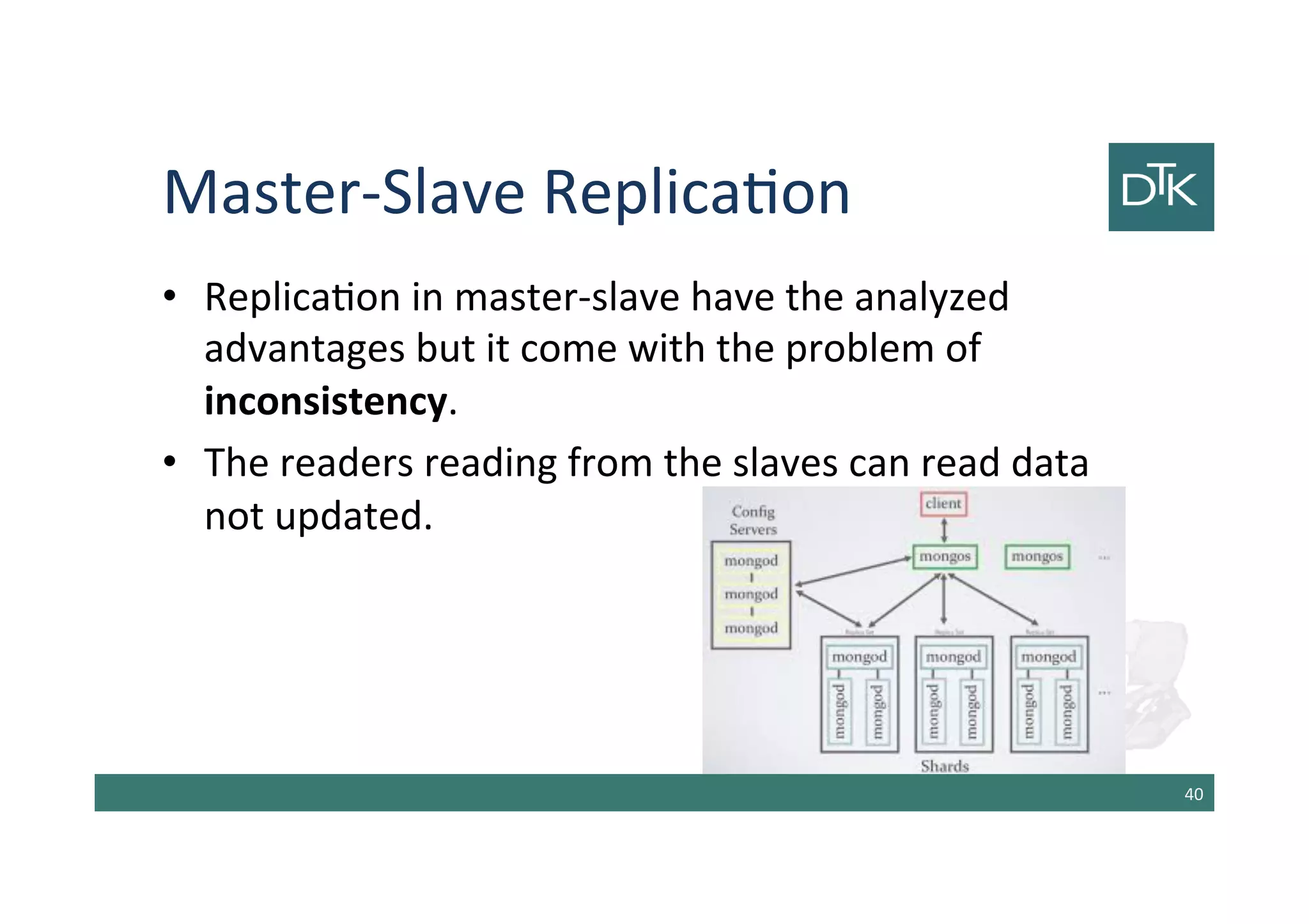 Master-Slave Replication
• Replication in master-slave have the analyzed
advantages but it come with the problem of
inconsistency.
• The readers reading from the slaves can read data
not updated.
41
 