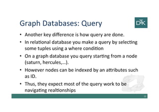 Graph Databases: Query
• Another key difference is how query are done.
• In relational database you make a query by selecting
some tuples using a where condition
• On a graph database you query starting from a node
(saturn, hercules,…).
• However nodes can be indexed by an attributes such
as ID.
• Thus, they expect most of the query work to be
navigating realtionships
13
 