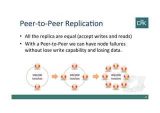 Peer-to-Peer Replication
• All the replica are equal (accept writes and reads)
• With a Peer-to-Peer we can have node failures
without lose write capability and losing data.
43
 
