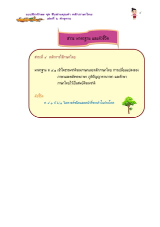 ๔
สำระ มำตรฐำน และตัวชี้วัด
สำระที่ ๔ หลักกำรใช้ภำษำไทย
มำตรฐำน ท ๔.๑ เข้ำใจธรรมชำติของภำษำและหลักภำษำไทย กำรเปลี่ยนแปลงของ
ภำษำและพลังของภำษำ ภูมิปัญญำทำงภำษำ และรักษำ
ภำษำไทยไว้เป็นสมบัติของชำติ
ตัวชี้วัด
ท ๔.๑ ป.๖/๑ วิเครำะห์ชนิดและหน้ำที่ของคำในประโยค
 