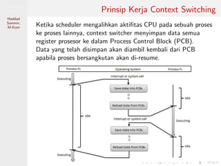Pemrosesan
Paralel
Haddad
Sammir,
M.Kom
Prinsip Kerja Context Switching
Ketika scheduler mengalihkan aktiﬁtas CPU pada sebuah proses
ke proses lainnya, context switcher menyimpan data semua
register prosesor ke dalam Process Control Block (PCB).
Data yang telah disimpan akan diambil kembali dari PCB
apabila proses bersangkutan akan di-resume.
 