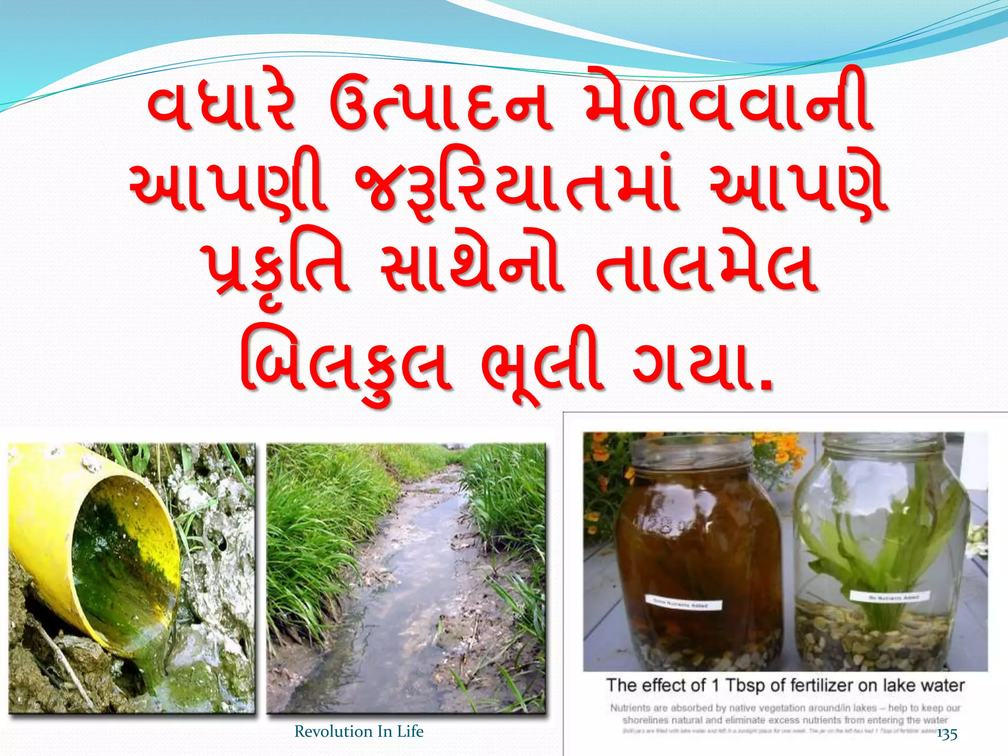 વધારે ઉત્પાદન મેળવવાની
આપણી જરૂરરયાતમાાં આપણે
પ્રકૃર્ત સાથેનો તાલમેલ
ચબલકલ ભૂલી ગયા.
135Revolution In Life
 