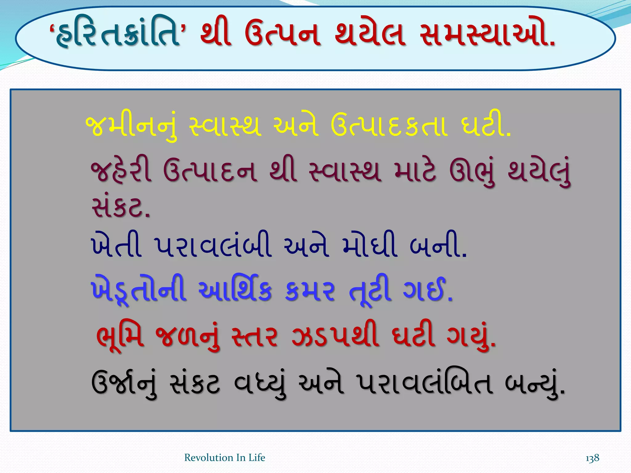 ‘હરરતક્રાાંર્ત’ થી ઉત્પન થયેલ સમસ્યાઓ.
જમીનનું સ્વાસ્થ અને ઉત્પાદકતા ઘટી.
જહેરી ઉત્પાદન થી સ્વાસ્થ માટે ઊભું થયેલું
સંકટ.
ખેતી પરાવલંબી અને મોઘી બની.
ખેડૂતોની આર્થિક કમર ત ૂટી ગઈ.
ભૂર્મ જળનાં સ્તર ઝડપથી ઘટી ગ્ાં.
ઉજાથનું સંકટ વધ્યું અને પરાવલંચબત બન્યું.
138Revolution In Life
 