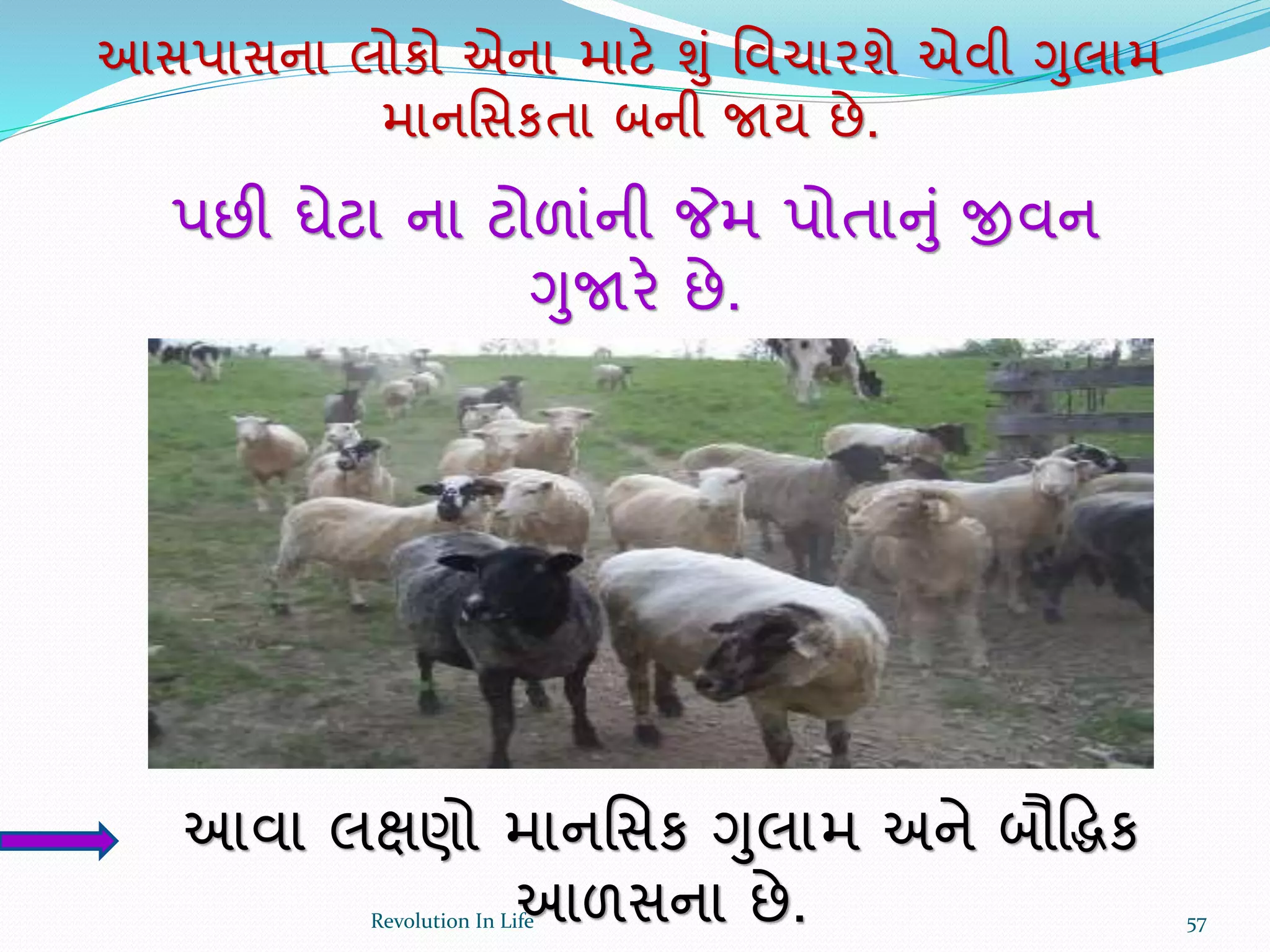 પછી ઘેટા ના ટોળાંની જેમ પોતાનું જીવન
ગુજારે છે.
આવા લક્ષણો માનર્સક ગુલામ અને બૌદ્ધિક
આળસના છે.
આસપાસના લોકો એના માટે ુંું ર્વચારશે એવી ગુલામ
માનર્સકતા બની જાય છે.
57Revolution In Life
 