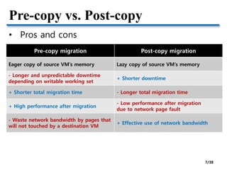 Pre-copy vs. Post-copy
• Pros and cons
Pre-copy migration Post-copy migration
Eager copy of source VM’s memory Lazy copy of source VM’s memory
- Longer and unpredictable downtime
depending on writable working set
+ Shorter downtime
+ Shorter total migration time - Longer total migration time
+ High performance after migration
- Low performance after migration
due to network page fault
- Waste network bandwidth by pages that
will not touched by a destination VM
+ Effective use of network bandwidth
7/38
 