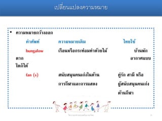เปลี่ยนแปลงความหมาย
• ความหมายกว้างออก
คาศัพท์ ความหมายเดิม ไทยใช้
bungalow เรือนหรือกระท่อมทาด้วยไม้ บ้านพัก
ตาก อากาศแบบ
ใดก็ได้
fan (s) สนับสนุนคนเก่งในด้าน คู่รัก สามี หรือ
การกีฬาและการแสดง ผู้สนับสนุนคนเก่ง
ด้านกีฬา
31วิชาภาษาต่างประเทศในภาษาไทย
 