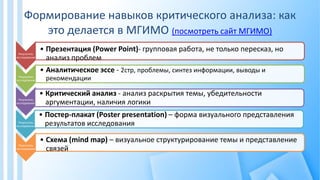 Формирование навыков критического анализа: как
это делается в МГИМО (посмотреть сайт МГИМО)
Результаты
исследования
• Презентация (Power Point)- групповая работа, не только пересказ, но
анализ проблем
Результаты
исследования
• Аналитическое эссе - 2стр, проблемы, синтез информации, выводы и
рекомендации
Результаты
исследования
• Критический анализ - анализ раскрытия темы, убедительности
аргументации, наличия логики
Результаты
исследования
• Постер-плакат (Poster presentation) – форма визуального представления
результатов исследования
Результаты
исследования
• Схема (mind map) – визуальное структурирование темы и представление
связей
 