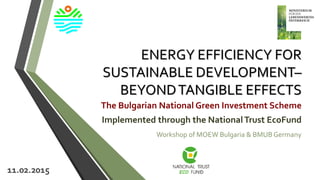 ENERGY EFFICIENCY FOR
SUSTAINABLE DEVELOPMENT–
BEYONDTANGIBLE EFFECTS
The Bulgarian National Green Investment Scheme
Implemented through the NationalTrust EcoFund
Workshop of MOEW Bulgaria & BMUB Germany
11.02.2015
 