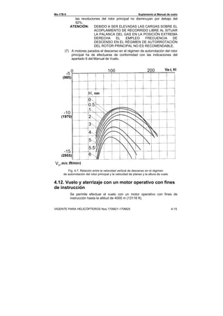 Ми-17В-5 Suplemento al Manual de vuelo
VIGENTE PARA HELICÓPTEROS Nos.170М21-170М25 4-15
las revoluciones del rotor principal no disminuyan por debajo del
92%.
ATENCIÓN: DEBIDO A SER ELEVADAS LAS CARGAS SOBRE EL
ACOPLAMIENTO DE RECORRIDO LIBRE AL SITUAR
LA PALANCA DEL GAS EN LA POSICIÓN EXTREMA
DERECHA EL EMPLEO FRECUENCIA DE
DESCENSO EN EL RÉGIMEN DE AUTORROTACIÓN
DEL ROTOR PRINCIPAL NO ES RECOMENDABLE.
(7) A motores parados el descenso en el régimen de autorrotación del rotor
principal ha de efectuarse de conformidad con las indicaciones del
apartado 6 del Manual de Vuelo.
Fig. 4.7. Relación entre la velocidad vertical de descenso en el régimen
de autorrotación del rotor principal y la velocidad de planeo y la altura de vuelo
4.12. Vuelo y aterrizaje con un motor operativo con fines
de instrucción
Se permite efectuar el vuelo con un motor operativo con fines de
instrucción hasta la altitud de 4000 m (13116 ft).
 
