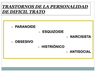 TRASTORNOS DE LA PERSONALIDAD
DE DIFICIL TRATO
n PARANOIDE
n ESQUIZOIDE
n NARCISISTA
n OBSESIVO
n HISTRIÓNICO
n ANTISOCIAL
 