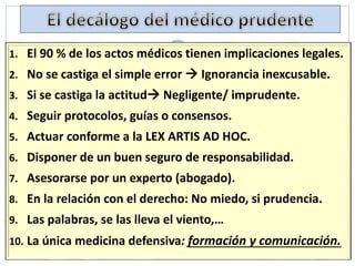 1. El 90 % de los actos médicos tienen implicaciones legales.
2. No se castiga el simple error  Ignorancia inexcusable.
3. Si se castiga la actitud Negligente/ imprudente.
4. Seguir protocolos, guías o consensos.
5. Actuar conforme a la LEX ARTIS AD HOC.
6. Disponer de un buen seguro de responsabilidad.
7. Asesorarse por un experto (abogado).
8. En la relación con el derecho: No miedo, si prudencia.
9. Las palabras, se las lleva el viento,…
10. La única medicina defensiva: formación y comunicación.
 