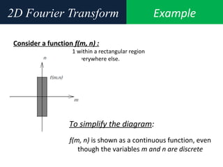 Example2D Fourier Transform
Consider a function f(m, n) :
1 within a rectangular region
0 everywhere else.
To simplify the diagram:
f(m, n) is shown as a continuous function, even
though the variables m and n are discrete
 