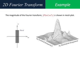 Example2D Fourier Transform
The magnitude of the Fourier transform, |F(ω1,ω2 )| is shown in mesh plot.
 