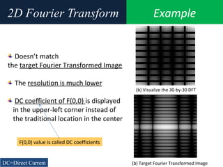 Example2D Fourier Transform
Doesn’t match
the target Fourier Transformed Image
The resolution is much lower
DC coefficient of F(0,0) is displayed
in the upper-left corner instead of
the traditional location in the center
(b) Target Fourier Transformed Image
(b) Visualize the 30-by-30 DFT
F(0,0) value is called DC coefficients
DC=Direct Current
 