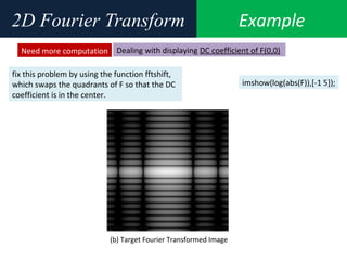 Example2D Fourier Transform
Need more computation Dealing with displaying DC coefficient of F(0,0)
fix this problem by using the function fftshift,
which swaps the quadrants of F so that the DC
coefficient is in the center.
imshow(log(abs(F)),[-1 5]);
(b) Target Fourier Transformed Image
 