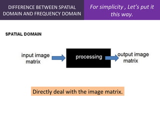 For simplicity , Let’s put it
this way.
DIFFERENCE BETWEEN SPATIAL
DOMAIN AND FREQUENCY DOMAIN
Directly deal with the image matrix.
 
