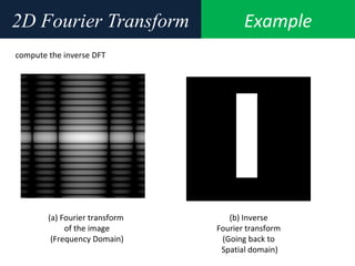 Example2D Fourier Transform
compute the inverse DFT
(a) Fourier transform
of the image
(Frequency Domain)
(b) Inverse
Fourier transform
(Going back to
Spatial domain)
 