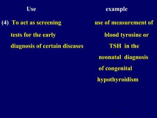 32
Use example
(4) To act as screening use of measurement of
tests for the early blood tyrosine or
diagnosis of certain diseases TSH in the
neonatal diagnosis
of congenital
hypothyroidism
 