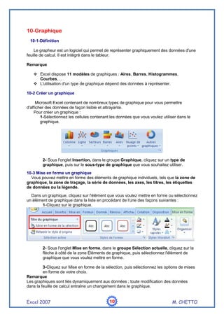 Excel 2007 M. CHETTO10101010
10-Graphique
10-1-Définition
Le grapheur est un logiciel qui permet de représenter graphiquement des données d'une
feuille de calcul. Il est intégré dans le tableur.
Remarque
Excel dispose 11 modèles de graphiques : Aires, Barres, Histogrammes,
Courbes,…
L'utilisation d'un type de graphique dépend des données à représenter.
10-2 Créer un graphique
Microsoft Excel contenant de nombreux types de graphique pour vous permettre
d'afficher des données de façon lisible et attrayante.
Pour créer un graphique :
1-Sélectionnez les cellules contenant les données que vous voulez utiliser dans le
graphique.
2- Sous l'onglet Insertion, dans le groupe Graphique, cliquez sur un type de
graphique, puis sur le sous-type de graphique que vous souhaitez utiliser.
10-3 Mise en forme un graphique
Vous pouvez mettre en forme des éléments de graphique individuels, tels que la zone de
graphique, la zone de traçage, la série de données, les axes, les titres, les étiquettes
de données ou la légende.
Dans un graphique, cliquez sur l'élément que vous voulez mettre en forme ou sélectionnez
un élément de graphique dans la liste en procédant de l'une des façons suivantes :
1-Cliquez sur le graphique.
2- Sous l'onglet Mise en forme, dans le groupe Sélection actuelle, cliquez sur la
flèche à côté de la zone Éléments de graphique, puis sélectionnez l'élément de
graphique que vous voulez mettre en forme.
3-Cliquez sur Mise en forme de la sélection, puis sélectionnez les options de mises
en forme de votre choix.
Remarque
Les graphiques sont liés dynamiquement aux données ; toute modification des données
dans la feuille de calcul entraîne un changement dans le graphique.
 