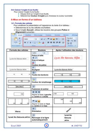 Excel 2007 M. CHETTO5555
5-6- Colorer l’onglet d’une feuille:
Pour colorer l’onglet d’une feuille :
Cliquez droit sur l’onglet d’une feuille,
Sélectionnez Couleur d’onglet puis choisissez la couleur souhaitée
6-Mise en forme d’un tableau
6-1- Formats des cellules
Pour améliorer la présentation et l’apparence du texte d’un tableau :
• Sélectionnez la ou les cellules souhaitées.
• Sous l’onglet Accueil, utilisez les boutons des groupes Police et
Alignement suivantes :
Formats des cellules Boutons Après l’utilisation des boutons
Police et taille
Gras et italique
Couleur de police
Souligner
Toutes les bordures
Couleur de remplissage
Fusionner et centrer
Aligner le texte à gauche,
au centre et à droite
Aligner le texte en haut,
au centre et en bas
Orientation
Renvoyer à la ligne
automatiquement
 