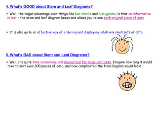 4. What’s GOOD about Stem and Leaf Diagrams?
•Well, the major advantage over things like bar charts and histograms, is that no information
is lost – the stem and leaf diagram keeps and allows you to see each original piece of data
•It is also quite an effective way of ordering and displaying relatively small sets of data
5. What’s BAD about Stem and Leaf Diagrams?
•Well, it’s quite time consuming, and impractical for large data sets. Imagine how long it would
take to sort over 300 pieces of data, and how complicated the final diagram would look!
 