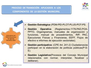  Gestión Estratégica (PDM-PEI-PLOT-PLUS-POT-PS.
 Gestión Operativa (Reglamentos-1178,PAD,POA-
PPTO, Organigramas, manuales de organización y
funciones, manual de procedimientos, RIP, PAC,
Ejecuciones Físicas y Financieras, EEFF, Flujos de
efectivo e informes de ejecución sectoriales).
 Gestión participativa: (CPE Art. 241-2) Ciudadanos/as
participan en la elaboración de políticas públicas(P-S-
E).
 Gestión Legislativa(Procesos del Concejo Municipal
relacionados con normar, interpretar, fiscalizar y
deliberar).
PROCESO DE TRANSICIÓN APLICADOS A LOS
COMPONENTES DE LA GESTIÓN MUNICIPAL
Articularse con
PDES-Directrices
de Agenda
Patriótica 2025
 