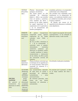 2
TÁCEAS
[Cucurbita
spp.]
Plantas domesticadas mas
antiguas de América.
Sus frutos poseen un alto
contenido de vitaminas,
fósforo y fibra y sus semillas
ricas en aceites y proteínas,
como también las flores y
puntas de los tallos, jugaron
un papel importante en el
surgimiento de la agricultura
y en la manutención del
hombre prehispánico.
ensaladas, golosinas y en preparados
medicinales como refrigerante.
Sus semillas eran empleadas como
condimento en la preparación de
salsas y en confituras; también como
en calidad de tenicida, para arrojar
la tenia o solitaria.
El líquido que emana de la
superficie de la ahuyama se utilizaba
como depilatorio.
TOMATE
[Lycopersic
onesculent
um]
El género Lycopersicon
comprende varias especies
originarias de los Andes
centrales entre Chile y
Ecuador.
Es rico en fibra, vitaminas A,
C y E, en carotenoides y
minerales como el potasio.
Antioxidante, neutraliza
sustancias químicas que
destruyen el equilibrio celular
y pueden ocasionar el cáncer,
envejecimiento y destrucción
de las células. La fibra ayuda
ala evacuación correcta del
intestino.
Es el vegetal mas popular del mundo
contemporáneo y se ha utilizado en
diferentes recetas, crudo ococido.
BERRO
[asturtium
officinale]
Planta herbacea universal que
se distingue de la española por
ser menos picantes. Posee gran
contenido de vitamina A y
ácido ascórbico.
Se utilizaba cruda para ensaladas.
FRUTOS
NATIVOS
En general se
reconocieron los
siguientes en dicha
zona:
GUAYABA
[Psidiumg
uajava]
ANON[An
nonasqua
mosa]
ILAMA
[Annonadi
versifolia]
SONCOYA
[Annona
purpurea]
CHIRIMO
Las características dependen
de cada fruto en cuanto a
porcentaje de vitaminas,
carbohidratos y otros
micronutrientes.
En términos generales, estos
frutos son una fuente
importante de vitaminas y
aminoácidos.
Su consumo por lo general se daba
en la etapa madura del fruto y
crudas.
 