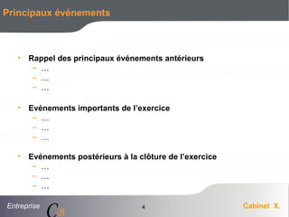 Entreprise Cabinet X.
CB
4
Principaux événements
• Rappel des principaux événements antérieurs
– …
– …
– …
• Evénements importants de l’exercice
– …
– …
– …
• Evénements postérieurs à la clôture de l’exercice
– …
– …
– …
 