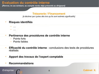 Entreprise Cabinet X.
CB
8
• Risques identifiés
– …
– …
• Pertinence des procédures de contrôle interne
– Points forts
– Points faibles
• Efficacité du contrôle interne : conclusions des tests de procédures
réalisés
• Apport des travaux de l’expert comptable
• Recommandations
Trésorerie / Financement
[à décliner par cycles dès lors qu’ils sont estimés significatifs]
Evaluation du contrôle interne
[Renvoi, le cas échéant, au compte rendu déjà présenté au dirigeant]
 